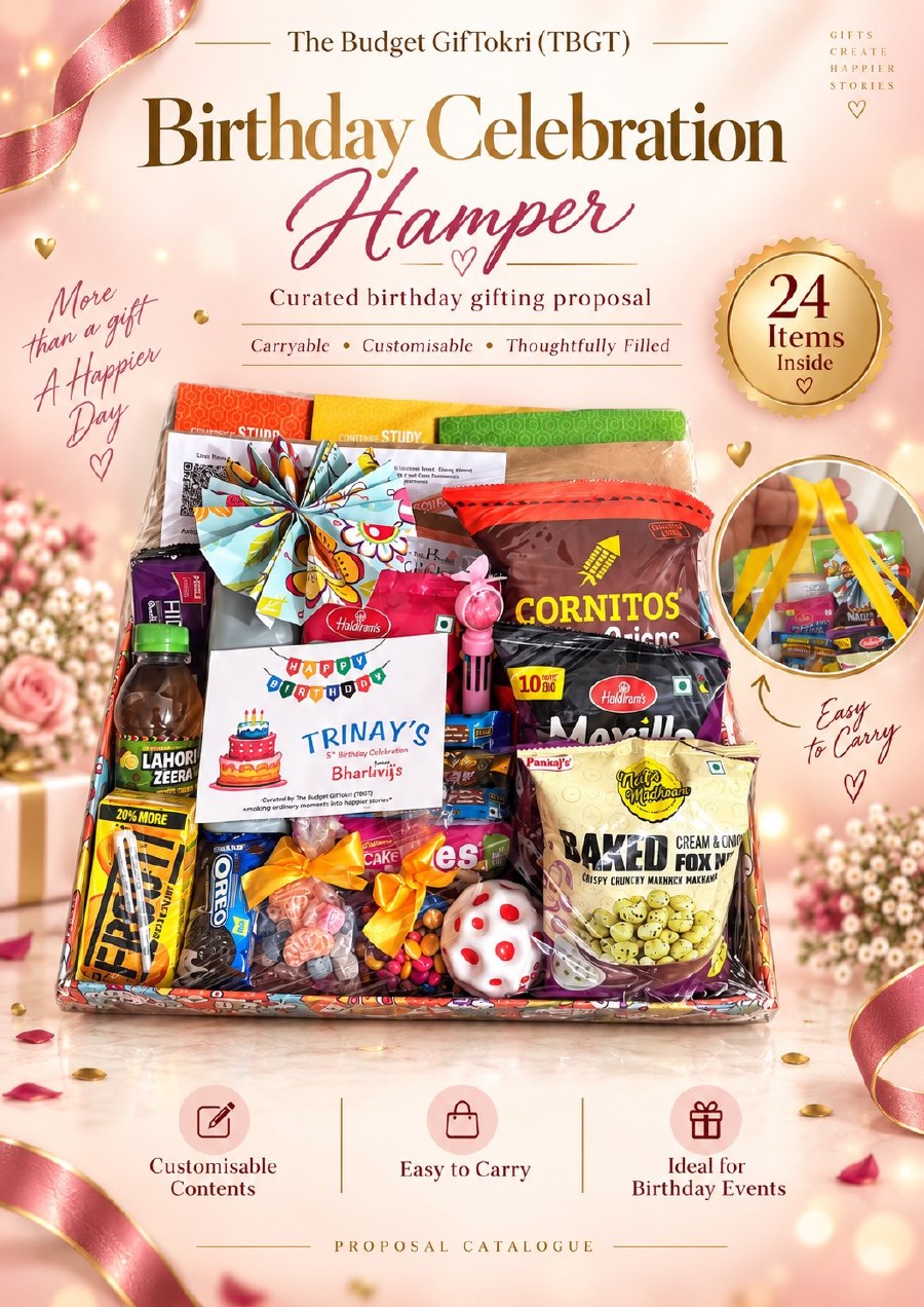 Carryable TBGT birthday hamper filled with stationery, snacks, treats and a toy